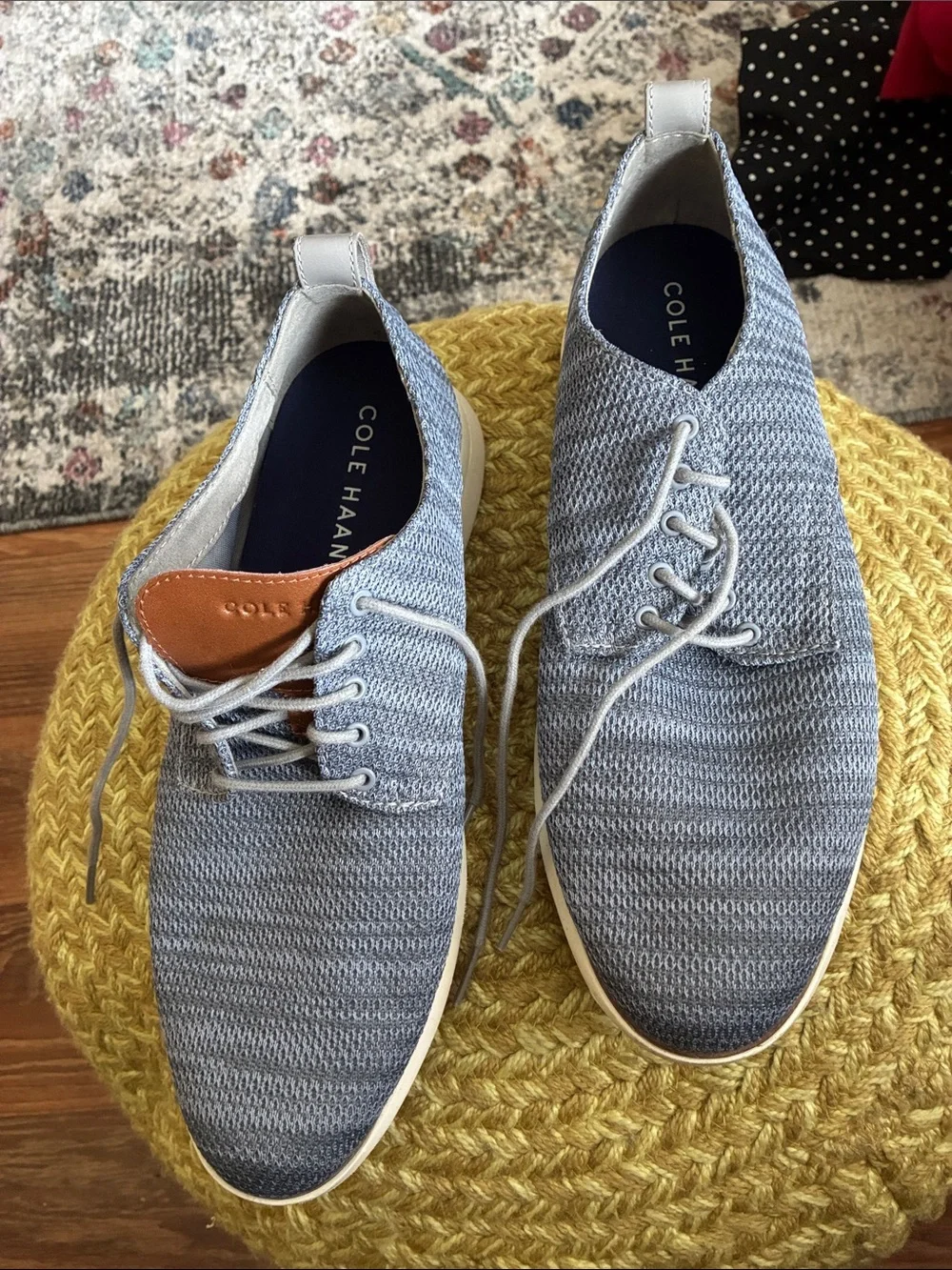 Cole Haan Light Gray Knit Lace-Up Oxfords with Brown Tongue Accent
